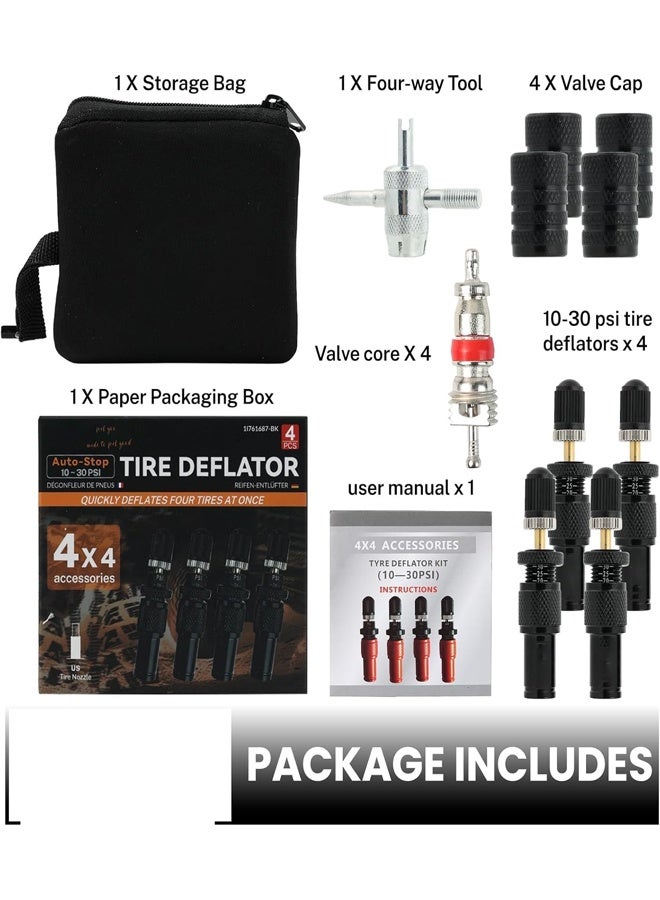 Beauenty Adjustable Auto-Stop Tire Deflator Valve Kit(10-30 PSI),4 PCS Screw-on Tyre Air Down Tool,with Storage Pouch & Valve Cap,Compatible with Jeeps, Cars, Trucks, Motorcycles, ATVs - Image 2